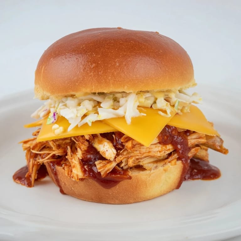 Warm, saucy BBQ Chicken Sliders garnished with coleslaw, ready to be enjoyed with friends or family.