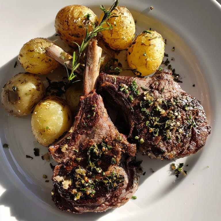 Enjoy tender Herbed Lamb Chops alongside perfectly roasted potatoes, garnished with fresh parsley.