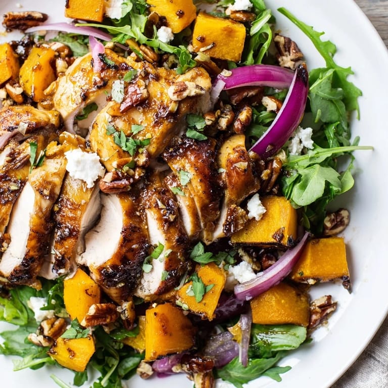 This appealing photo presents a delicious Roasted Chicken & Winter Squash Sheet-Pan Salad with toasted pecans and feta.