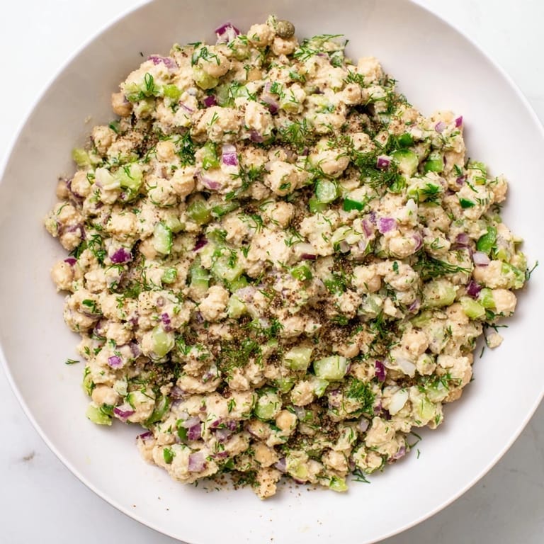 Close-up of a delightful plate of chickpea tuna salad, perfect atop a bed of greens.