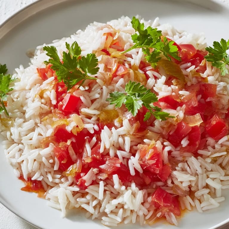 Delicious and easy Tomato-Rice Skillet Dinner, with fragrant garlic and simmered to perfection for you.