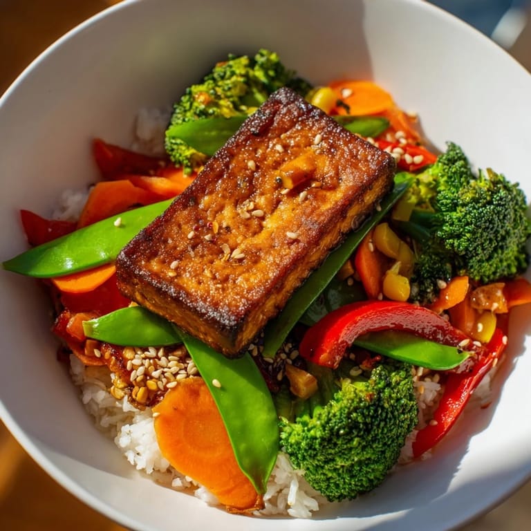 A beautifully plated dish of savory Pressed Tofu Steaks and vegetables, offering a satisfying vegan dinner.