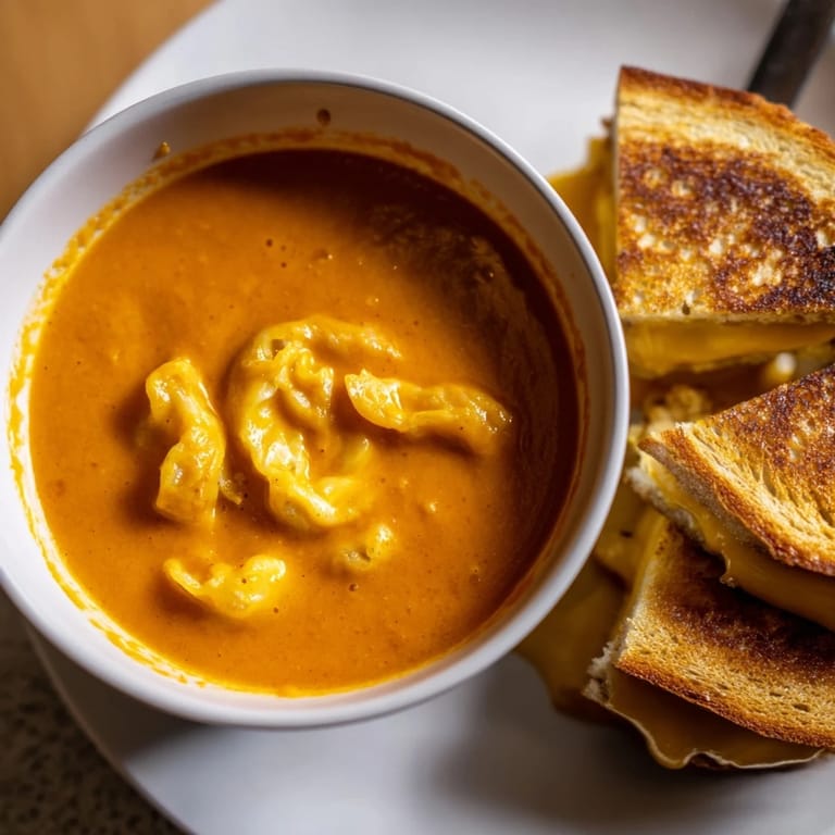A close-up of a bubbling 5-Ingredient Tomato Soup with the cheesy, toasted grilled cheese dunk-ready.