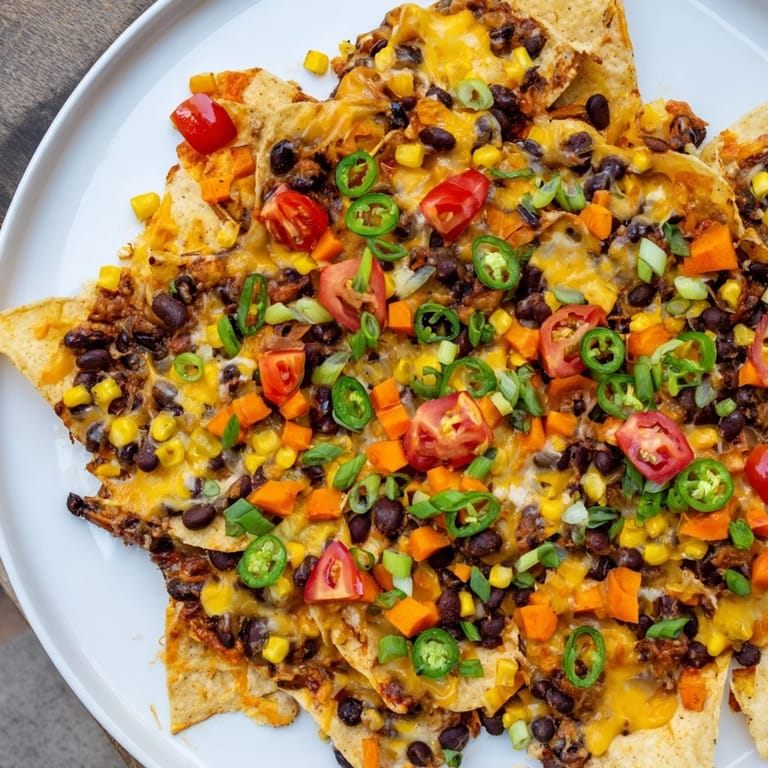 Golden-brown sheet-pan nachos with black beans, corn, and a side of sour cream.