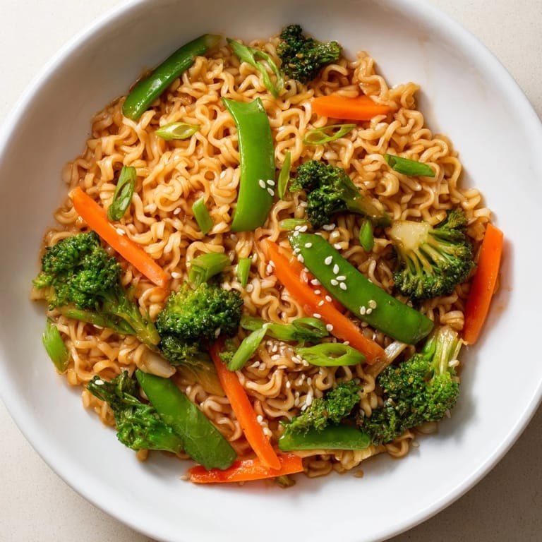 A close-up shot of homemade Ramen Noodle Stir-Fry Remix, garnished with sesame seeds and fresh green onions.