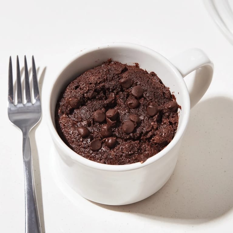 A single-serving microwave mug cake, steaming slightly, sprinkled with powdered sugar for dessert.