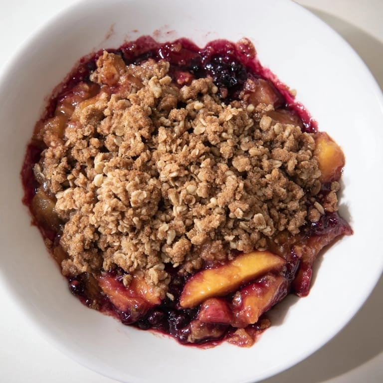 Warm Fruit Crisp, with a sweet oat topping, served with a scoop of vanilla ice cream for dessert.