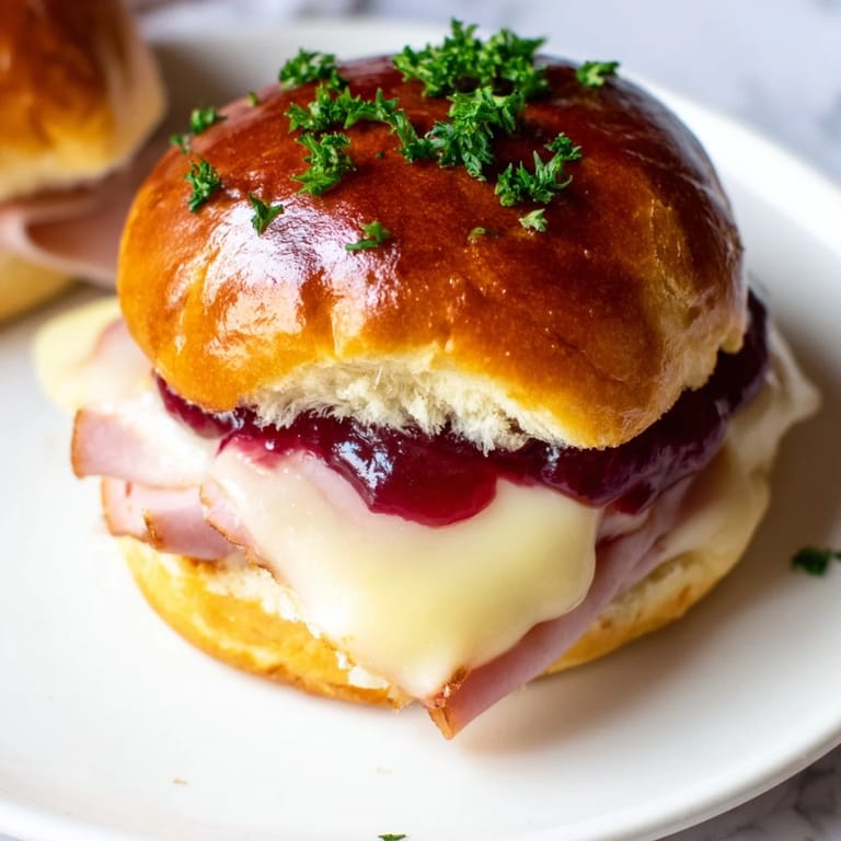 Warm, appetizing Cherry-Glazed Ham and Cheese Sliders fresh from the oven, perfect for a gathering.