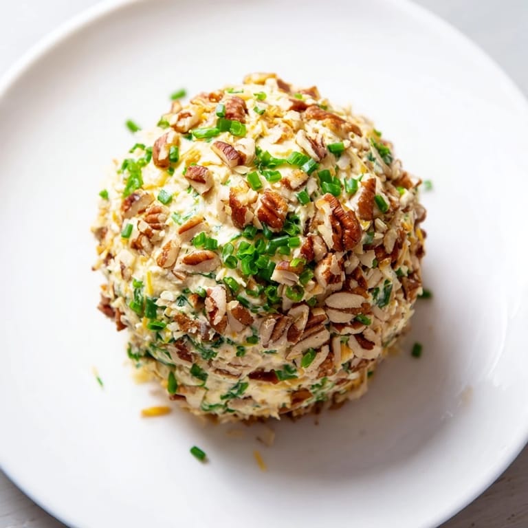 Imagine a delicious cheese ball: a perfectly-shaped Classic Cheese Ball, coated in nuts and herbs.