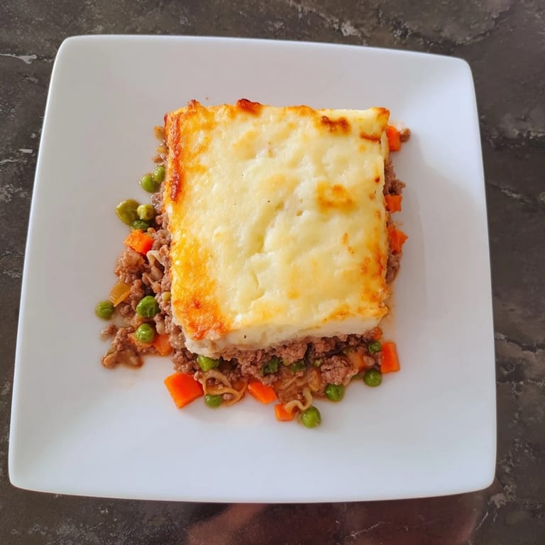 A steaming, hearty Budget Shepherds Pie, the cheesy mashed potato topping baked to perfection.