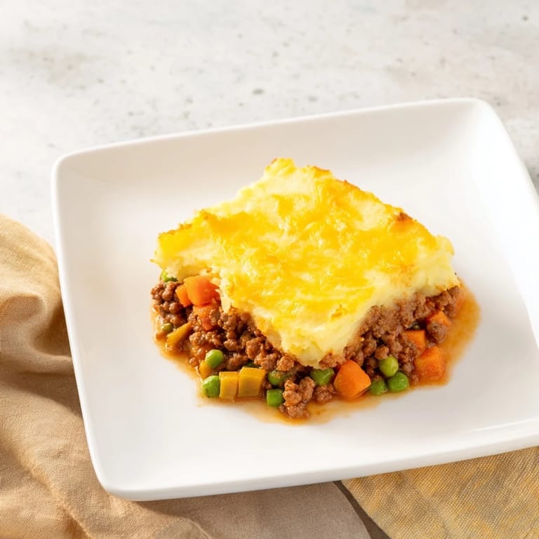Close-up of a Budget Shepherds Pie portion, showcasing layers of tender beef and creamy potato.