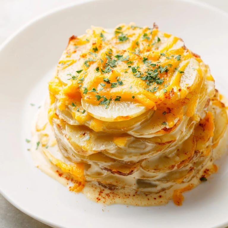 A creamy, layered casserole of Cheesy Scalloped Potatoes, the cheese melting throughout with a perfect golden crust.