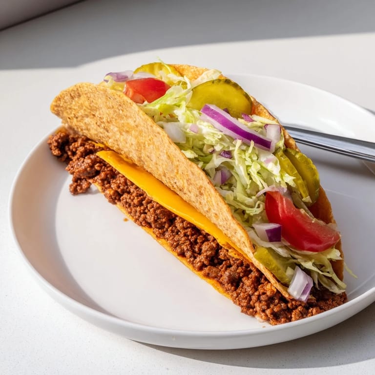Close-up of a flavorful Viral Cheeseburger Taco, complete with melted cheese and fresh, vibrant toppings.