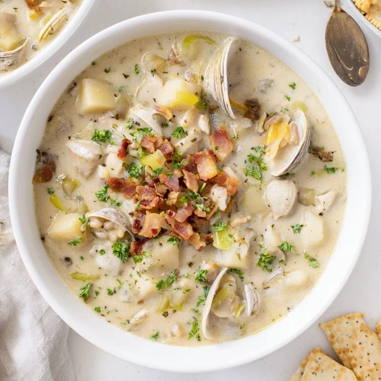 Freshly garnished New England Clam Chowder, with crispy bacon crumbles and fresh parsley adding flavor.