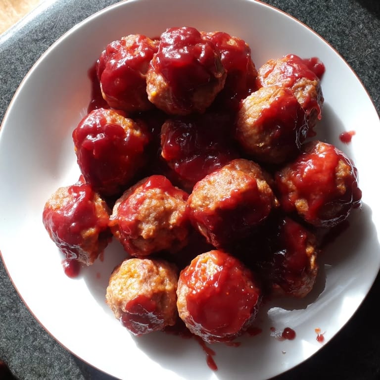 Tender baked cherry-glazed meatballs coated in a glossy, tangy sauce, ideal for any gathering.