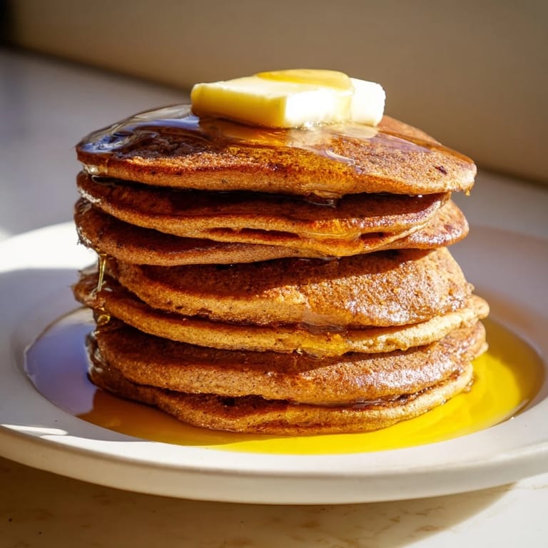 Stack of gingerbread pancakes with visible spice flecks, a treat for a cozy weekend breakfast.