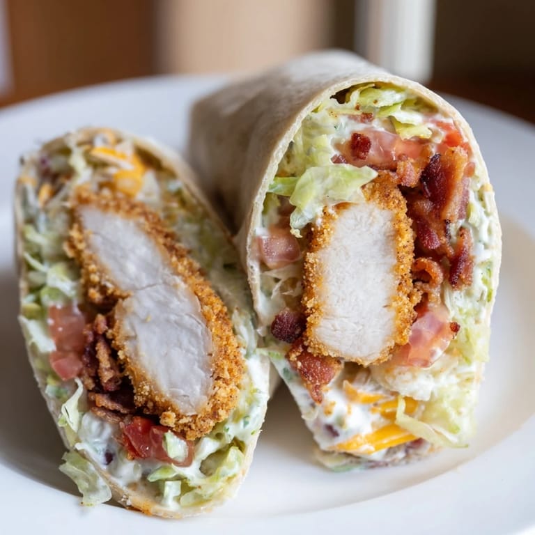 Warm, toasted flour tortilla filled generously with ingredients for a flavorful chicken bacon ranch wrap.