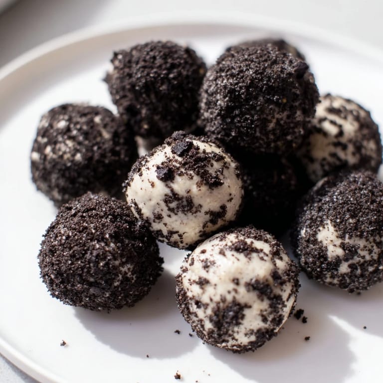 Close-up of Cream Cheese Oreo Protein Balls, highlighting a delicious, creamy filling and cookie crumbs.