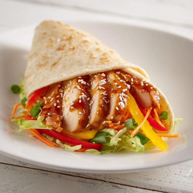 Perfectly rolled teriyaki chicken wrap, showing a cross-section full of colorful, flavorful ingredients.