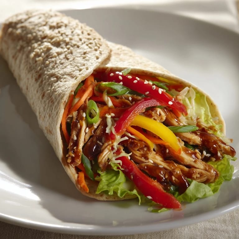 Freshly assembled teriyaki chicken wraps displaying a medley of textures with sliced chicken.