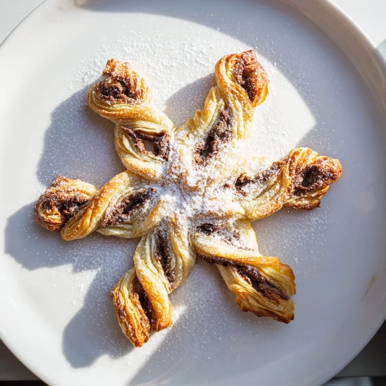Homemade Express Nutella Puff Pastry Snowflakes, twisted and baked to a perfect golden brown, ready to enjoy.