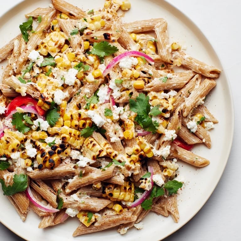 A creamy, tempting bowl of Healthier Mexican Street Corn Pasta Salad bursting with fresh flavors.