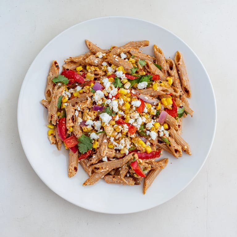 Cool, refreshing Healthier Mexican Street Corn Pasta Salad, a vegetarian meal, ready to serve and enjoy.
