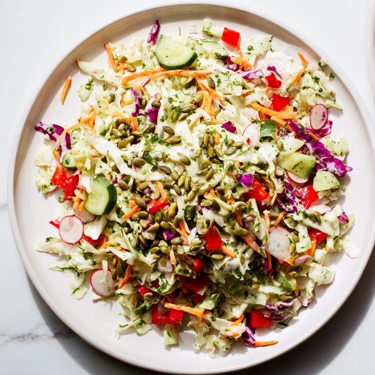 A close-up of a vibrant Green Goddess Confetti Chop Slaw bowl, garnished with toasted pumpkin seeds.
