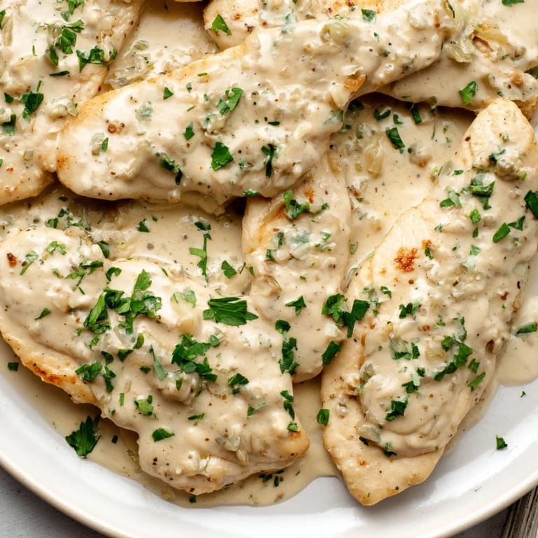 Tender chicken breasts smothered in a rich, flavorful lighter creamy tarragon sauce, perfect for dinner.