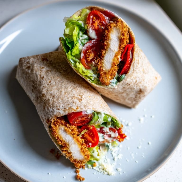 Freshly assembled Crispy Santa Hat Chicken Caesar Wrap, ready to eat, with red pepper "Santa hats" on display!