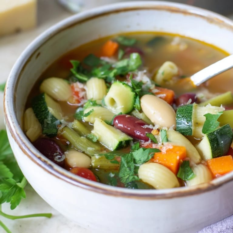 A hearty glimpse of the flavorful Veggie-Packed Minestrone Christmas Pasta Pot, garnished with fresh parsley and Parmesan.