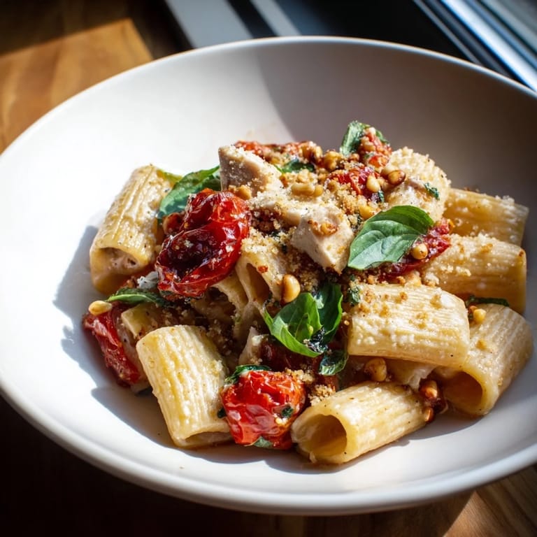 Perfectly plated Baked Goat Cheese Snowflake Tomato Basil Pasta with goat cheese snowflake crumble and fresh basil.