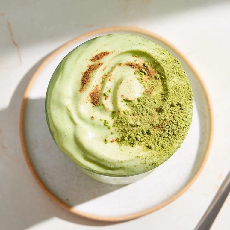 Creamy Matcha Snickerdoodle Protein Shake, a quick & easy breakfast, blended with frozen banana and almond butter.