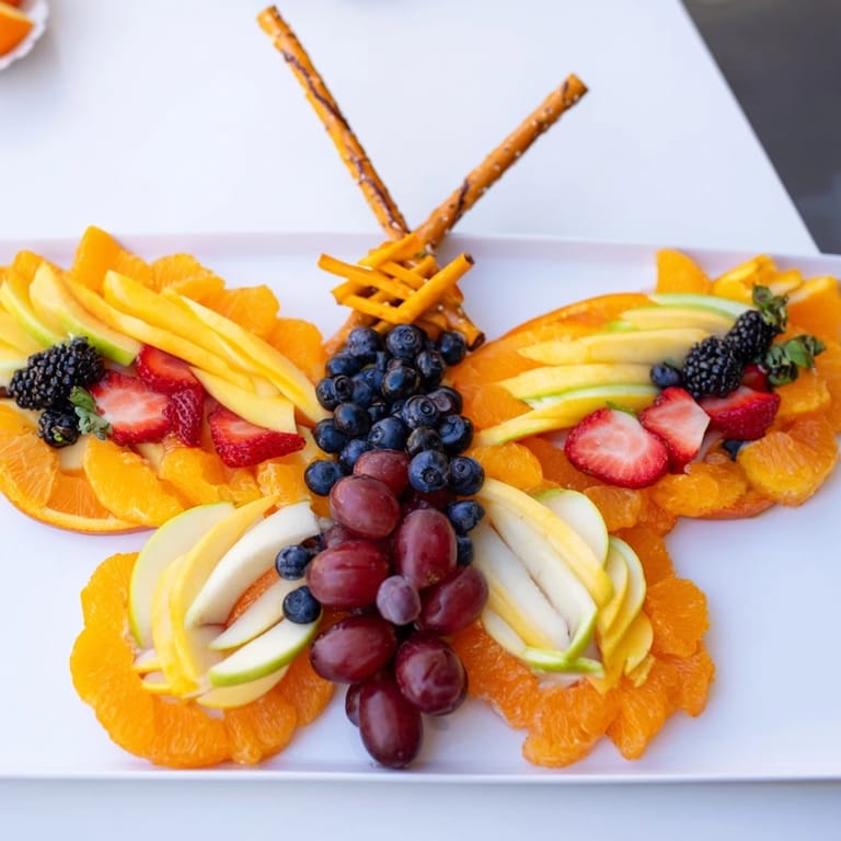 A colorful Monarch Magic Fruit Butterfly Tray, bursting with fresh berries alongside sweet orange slices.
