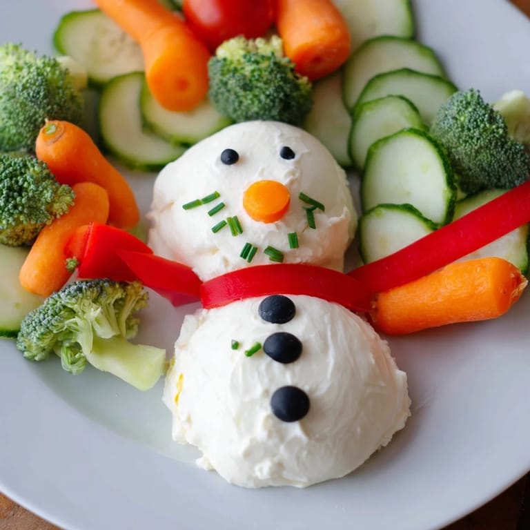 This Snowman Veggie Dip Platter offers a delicious, healthy appetizer with a creamy dip and fresh veggie sticks.