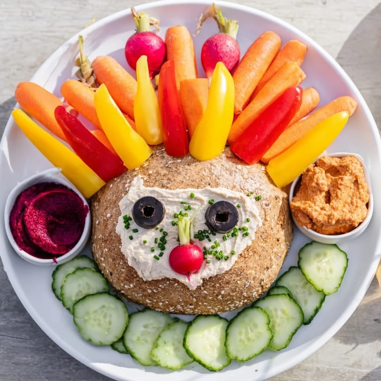 Deliciously arranged Autumn Hedgehog Dip Platter with colorful veggies for dipping, a festive appetizer.