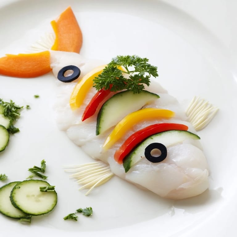 Glistening, baked Light Fish-Shaped Meal, showcasing a white fish fillet designed with cucumber fin detail.