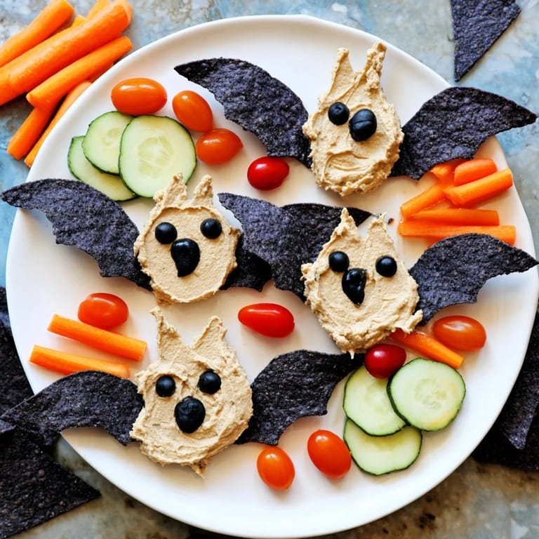 Festive Spooky Bat Bean Dip Platter ready to serve, perfect Halloween appetizer with vibrant veggie dippers.
