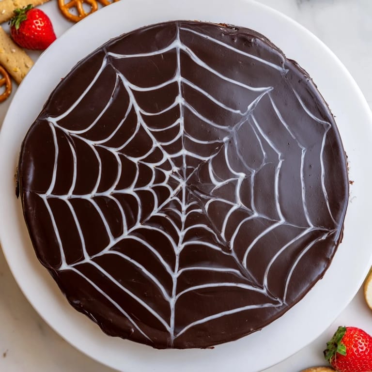 Rich and creamy Spiderweb Chocolate Ganache Board served with fresh fruit and cookies for dipping.