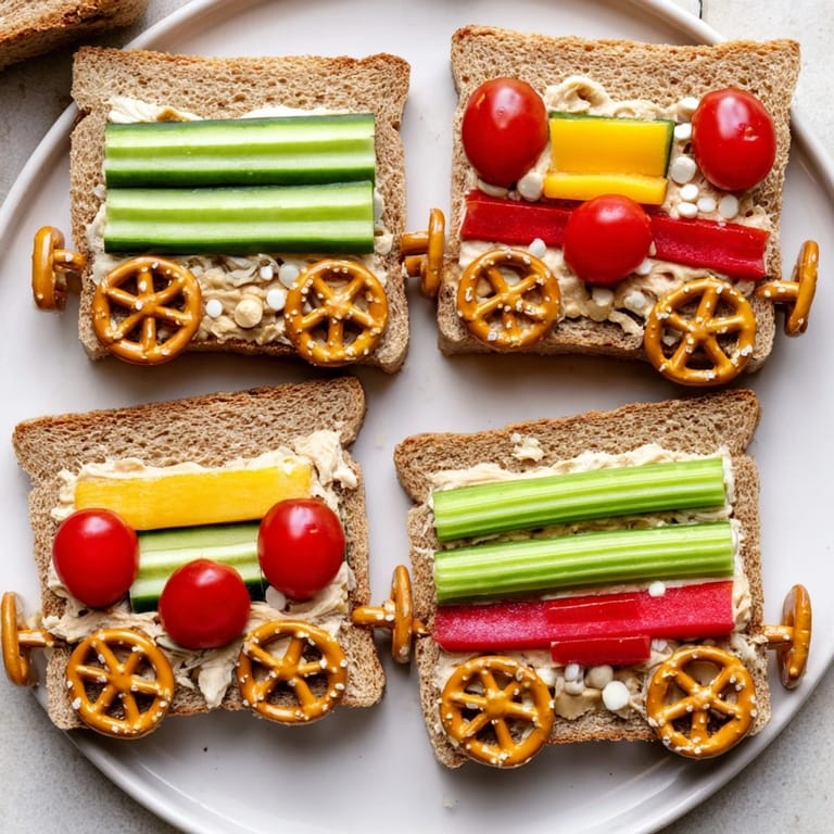 Creative train track sandwich board featuring train cars made from sliced bread and cheerful veggies, all ready to eat.