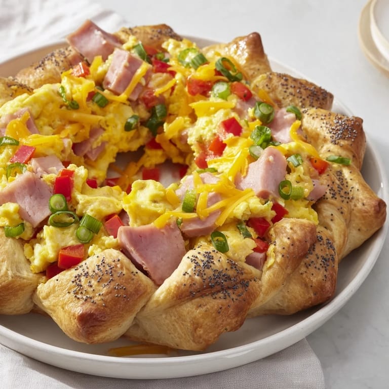 Fluffy eggs and ham are baked in crescent roll dough: A delicious Wreath-Shaped Egg and Ham Bake.