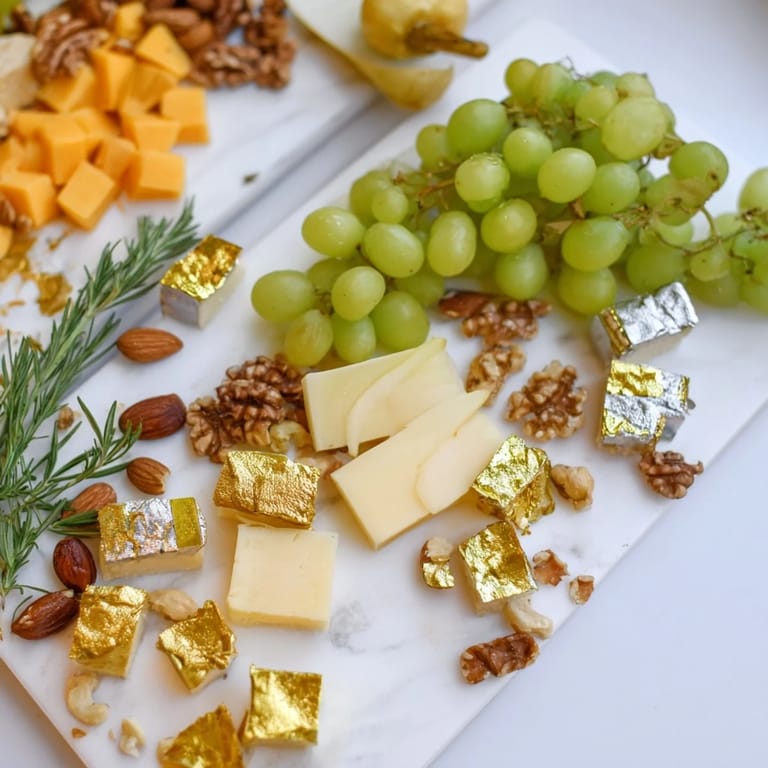 Fresh fruit complements this elegant Gold and Silver Cheese Cube Board, perfect for entertaining with gluten-free crackers.