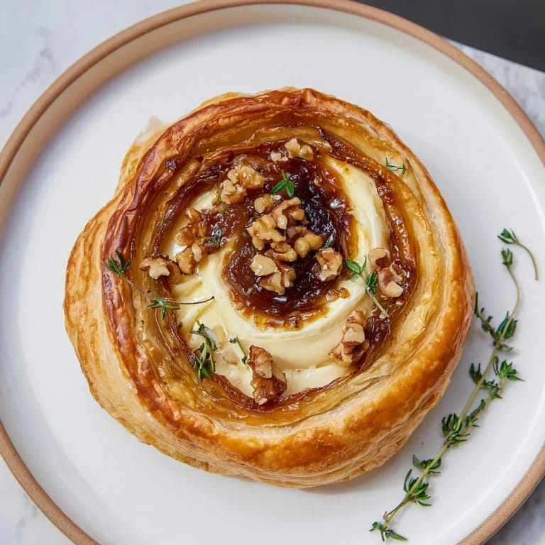 A close-up of warm, melty Baked Brie, the cheese oozing from its flaky pastry.