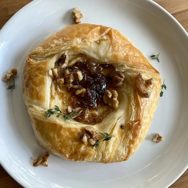 Delicious appetizer: enjoy creamy Baked Brie, with a beautiful fig jam swirl, served warm.