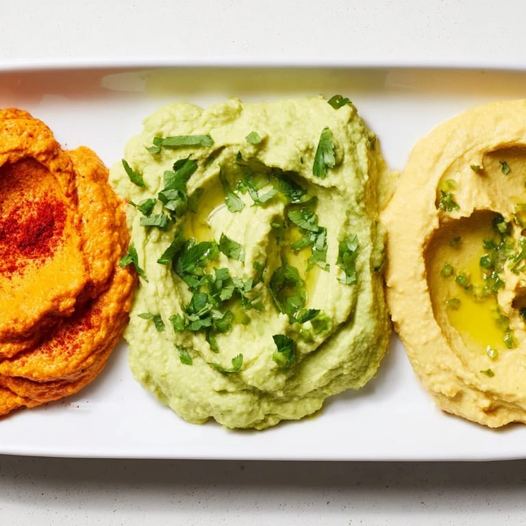 Three flavorful dips, forming a Dip Trio with bright colors, ready to be served with crackers or vegetables.