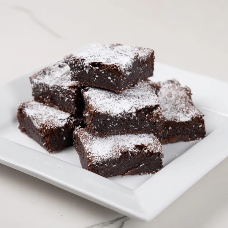 Close-up of decadent brownie squares, topped with a delicate powdered sugar dusting for a sweet finish.