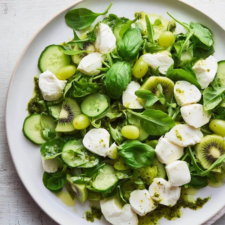 Vibrant Emerald Isle Greenscape salad featuring layers of green veggies and a bright pesto dressing.
