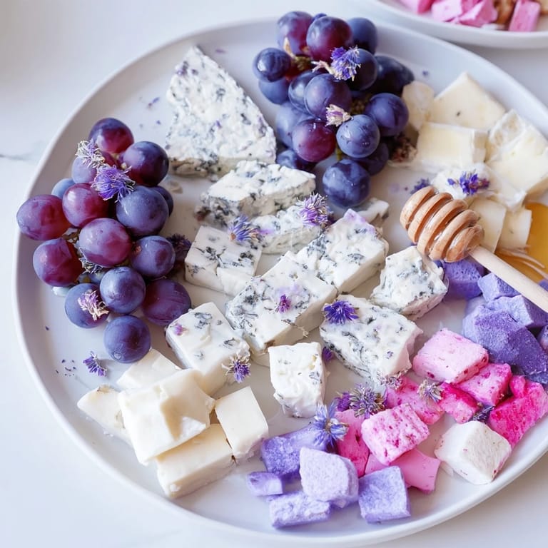 This Lavender Haze Dreamscape arrangement showcases soft cheeses, grapes and candies, perfect for a gathering.