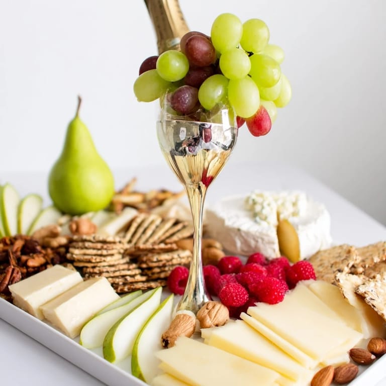 Festive Champagne Waterfall Board, a vibrant grazing board spilling with colorful grapes and delicious cheeses.