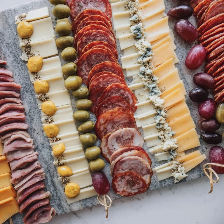 A modern Industrial Slate appetizer, showcasing an array of cold meats and sharp cheeses on a slate board.